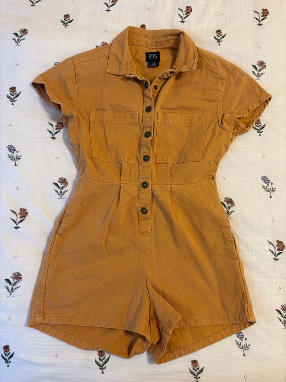 BDG Rusty Mustard Button-Front Short Romper